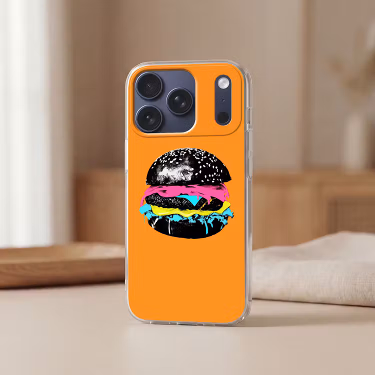 Hamburger - Oranje - Neon - popart Telefoonhoesje iPhone 17 Pro klein -sfeer2