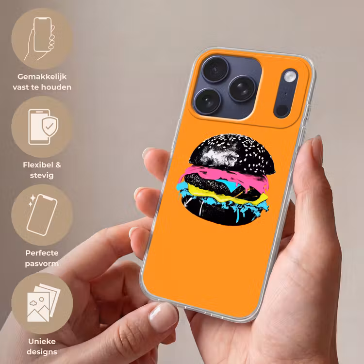 Hamburger - Oranje - Neon - popart Telefoonhoesje iPhone 17 Pro klein -sfeer3_NL