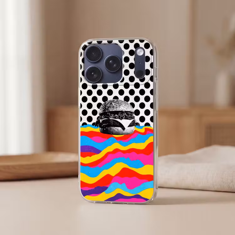 Hamburger - Stippen - Golven - Kleuren Telefoonhoesje iPhone 17 Pro klein -sfeer2