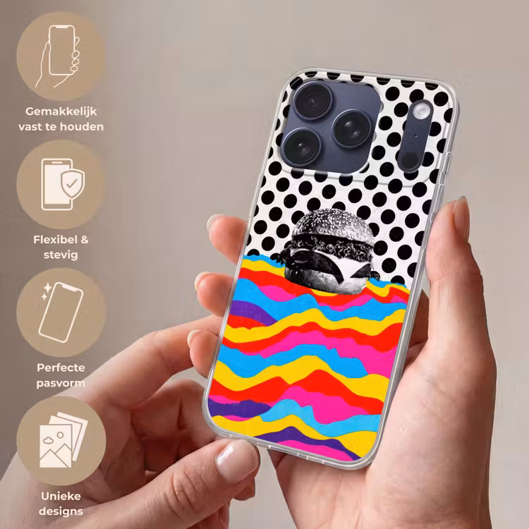 Hamburger - Stippen - Golven - Kleuren Telefoonhoesje iPhone 17 Pro klein -sfeer3_NL