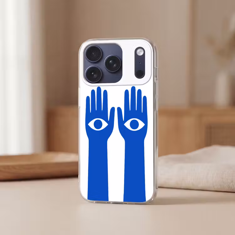 Handen - Twee - Ogen - Blauw Telefoonhoesje iPhone 17 Pro klein -sfeer2
