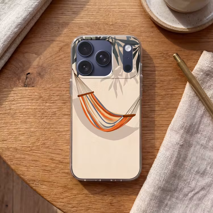 Hangmat - Kleurrijk - Bladeren - Schaduw Telefoonhoesje iPhone 17 Pro klein -sfeer1