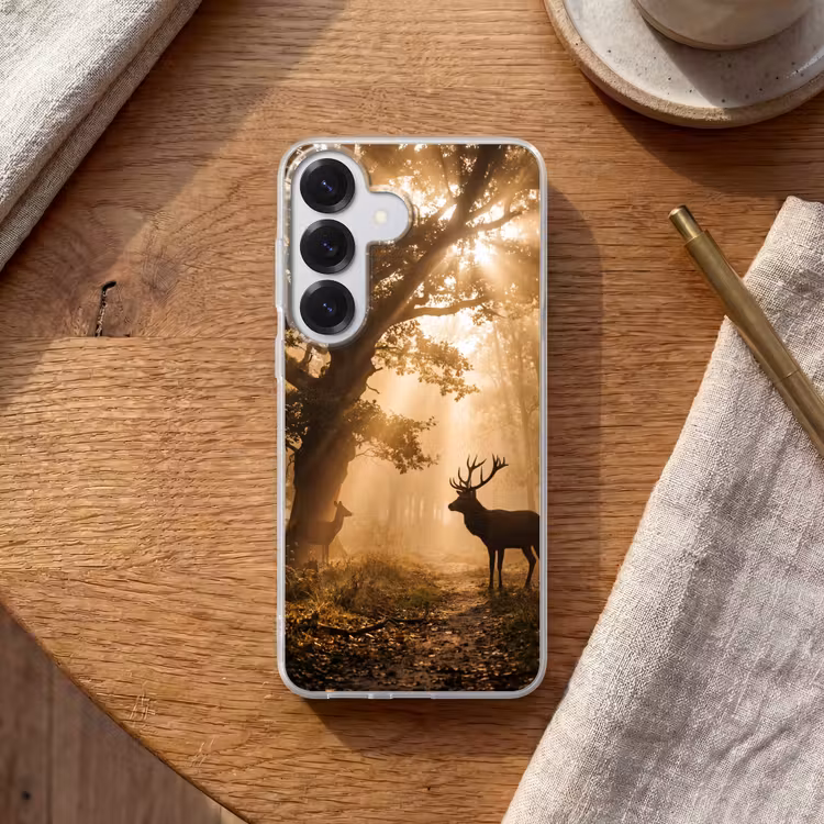 Hert - Bos - Mistig - Natuur - Goud Telefoonhoesje Samsung Galaxy S26 klein -sfeer1