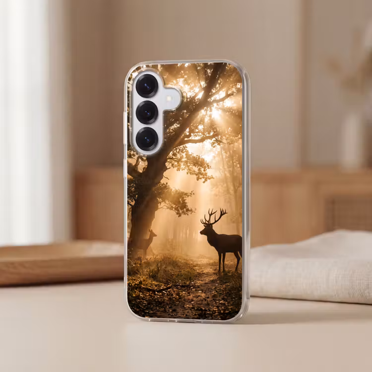 Hert - Bos - Mistig - Natuur - Goud Telefoonhoesje Samsung Galaxy S26 klein -sfeer2