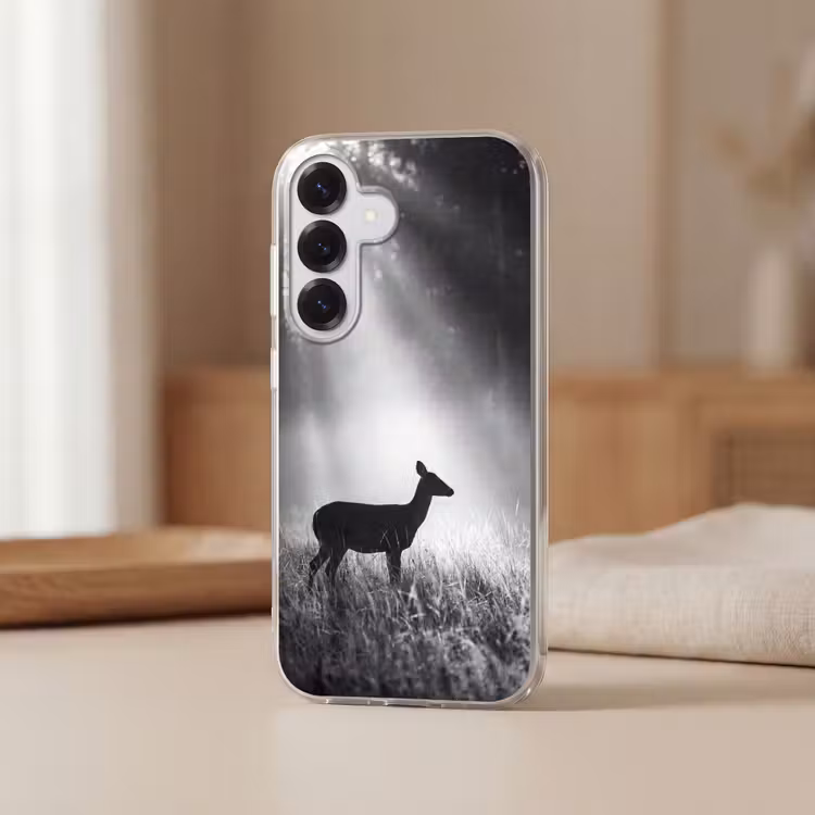 Hert - Bos - Zonnestralen - Zwart-wit - Natuur Telefoonhoesje Samsung Galaxy S26 klein -sfeer2