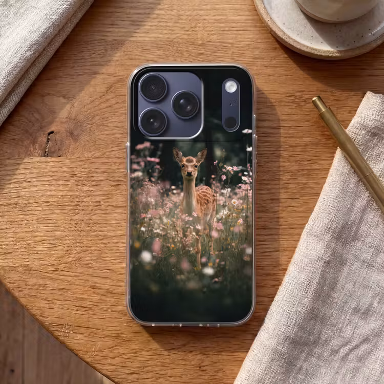 Hert - Wilde bloemen - Bos Telefoonhoesje iPhone 17 Pro klein -sfeer1