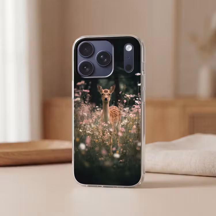 Hert - Wilde bloemen - Bos Telefoonhoesje iPhone 17 Pro klein -sfeer2