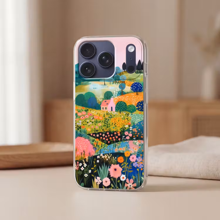 Heuvellandschap - Fantasierijk - Kleurcontrasten Telefoonhoesje iPhone 17 Pro klein -sfeer2