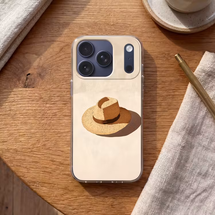 Hoed - Minimalistisch - Schaduw - Beige Telefoonhoesje iPhone 17 Pro klein -sfeer1