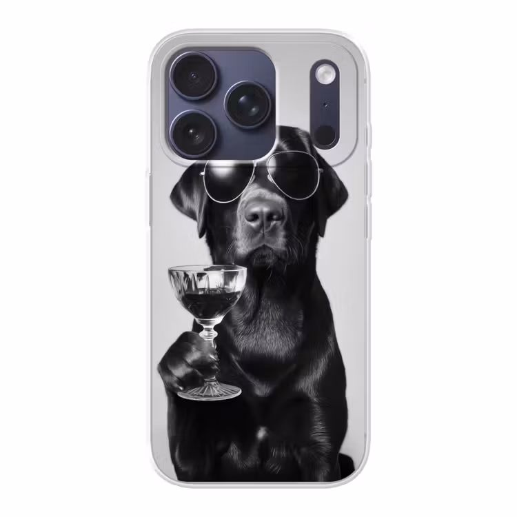Hond - Zwart - Wijnglas - Zonnebril Telefoonhoesje iPhone 17 Pro klein -3d