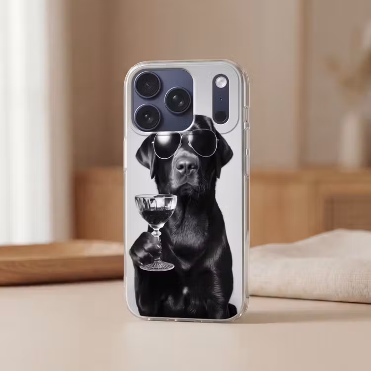 Hond - Zwart - Wijnglas - Zonnebril Telefoonhoesje iPhone 17 Pro klein -sfeer2