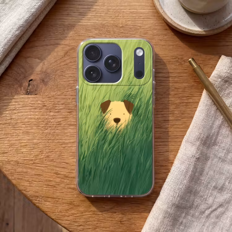 Hondje - Gras - Oren - Bruin Telefoonhoesje iPhone 17 Pro klein -sfeer1