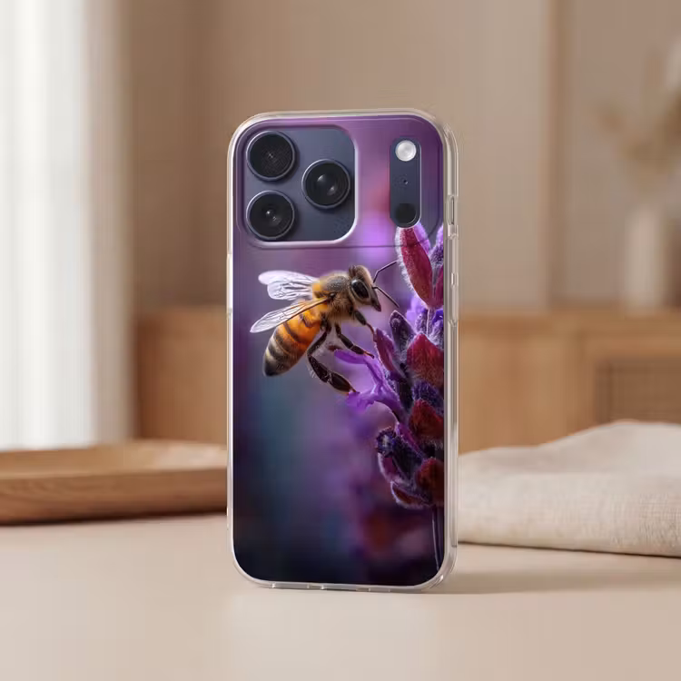 Honingbij - Paarse bloemen - Details Telefoonhoesje iPhone 17 Pro klein -sfeer2