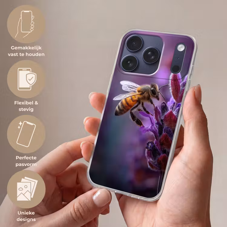 Honingbij - Paarse bloemen - Details Telefoonhoesje iPhone 17 Pro klein -sfeer3_NL