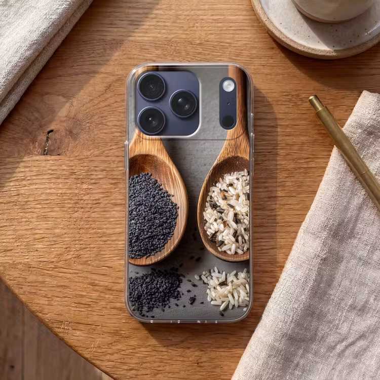 Houten - Lepels - Rijst - Zaden Telefoonhoesje iPhone 17 Pro klein -sfeer1