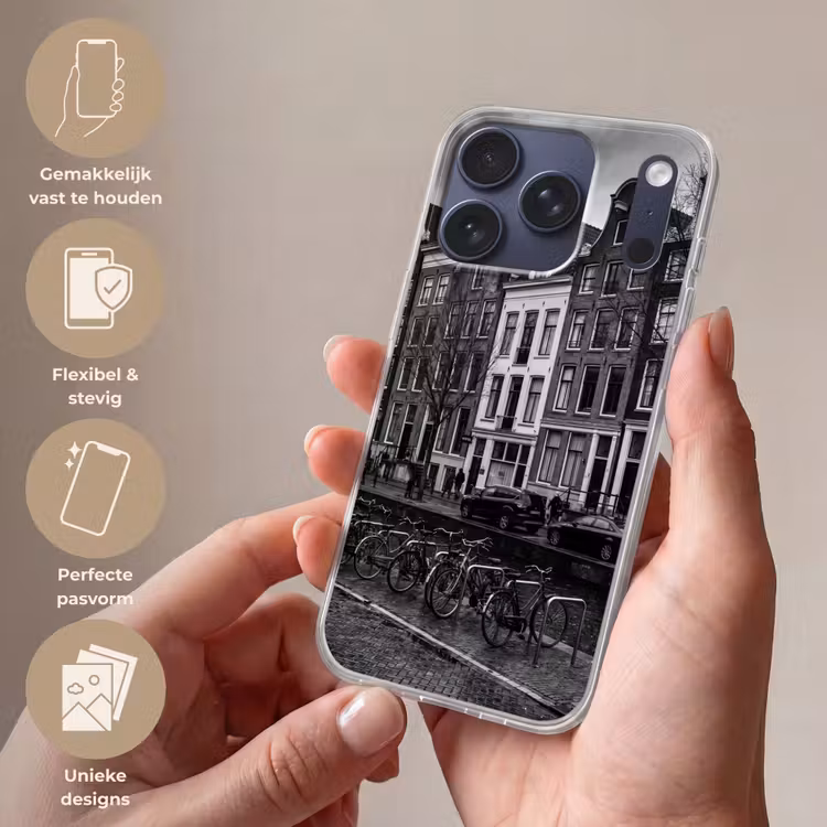 Huis - Gracht - Amsterdam - Architectuur - Zwart-wit Telefoonhoesje iPhone 17 Pro klein -sfeer3_NL