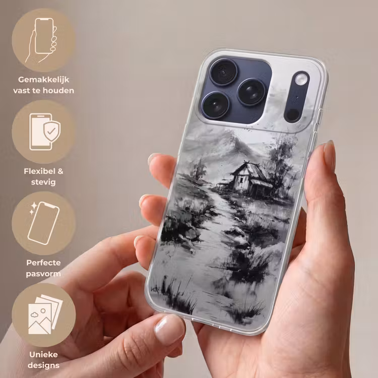 Hut - Grijs - Bergen - Mistig Telefoonhoesje iPhone 17 Pro klein -sfeer3_NL