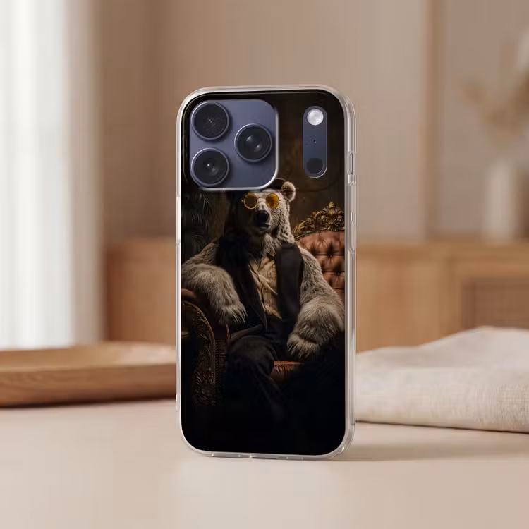 Ijsbeer - Hoed - Bril - Stoel Telefoonhoesje iPhone 17 Pro klein -sfeer2