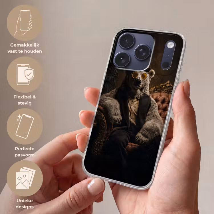 Ijsbeer - Hoed - Bril - Stoel Telefoonhoesje iPhone 17 Pro klein -sfeer3_NL