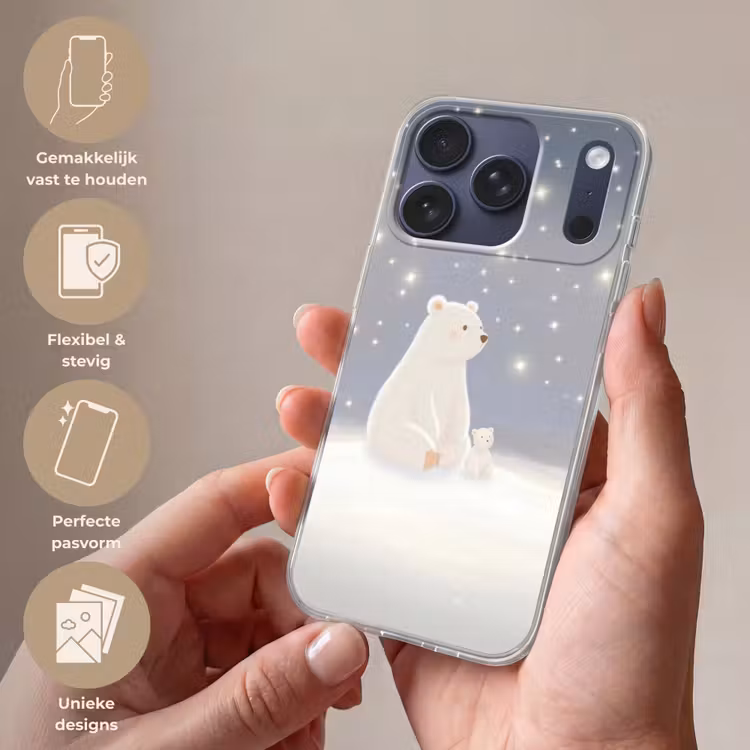Ijsbeer - Sneeuw - Sterren - Blauw Telefoonhoesje iPhone 17 Pro klein -sfeer3_NL