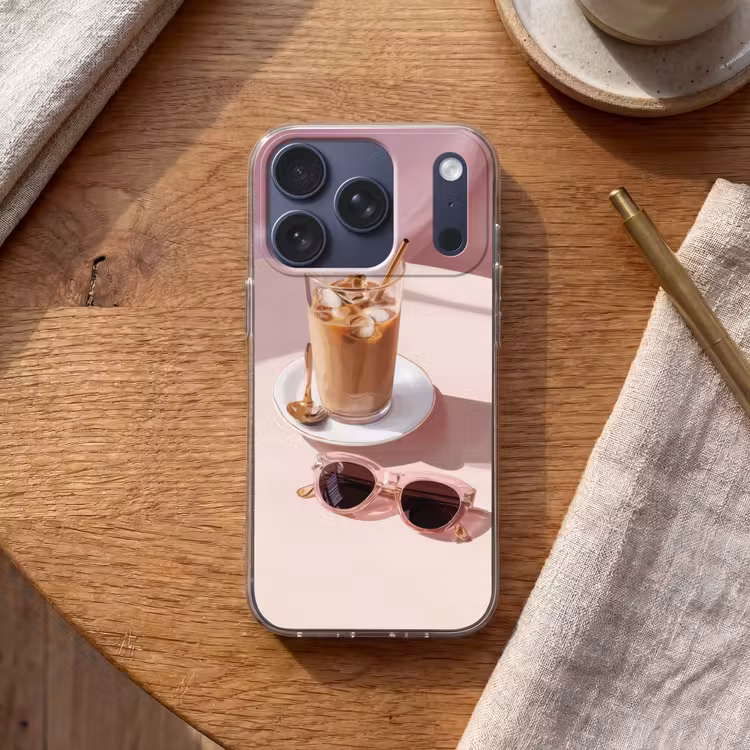 Ijskoffie - Zonnebril - Goud Telefoonhoesje iPhone 17 Pro klein -sfeer1