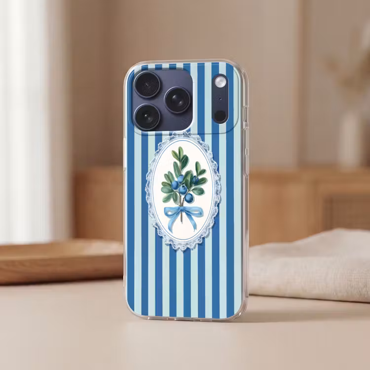 Illustratie - Bessen - Blauw - Strepen Telefoonhoesje iPhone 17 Pro klein -sfeer2