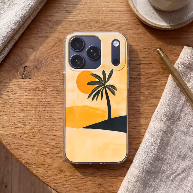 Illustratie - Palmboom - Zon - Heuvels Telefoonhoesje iPhone 17 Pro klein -sfeer1