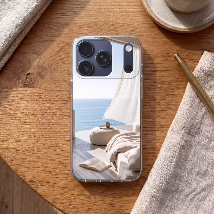 Interieur - Zeezicht - Modern - Rust - Beige Telefoonhoesje iPhone 17 Pro klein -sfeer1