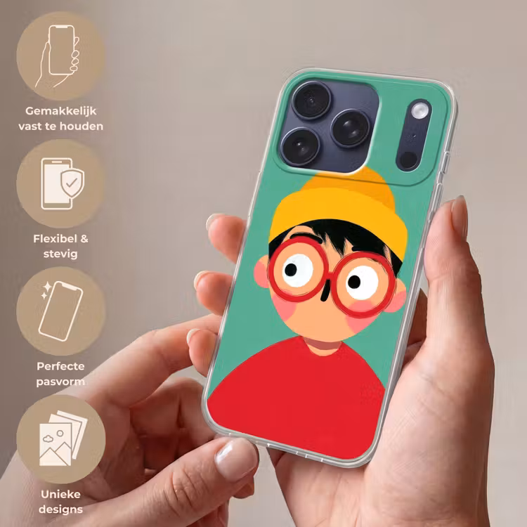 Jongen - Cartoon - Bril - Muts Telefoonhoesje iPhone 17 Pro klein -sfeer3_NL