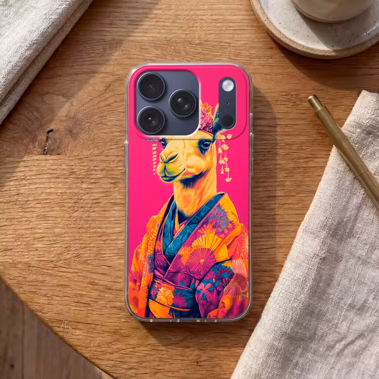 Kameel - Bloemen - Kimono - Waaiers Telefoonhoesje iPhone 17 Pro klein -sfeer1