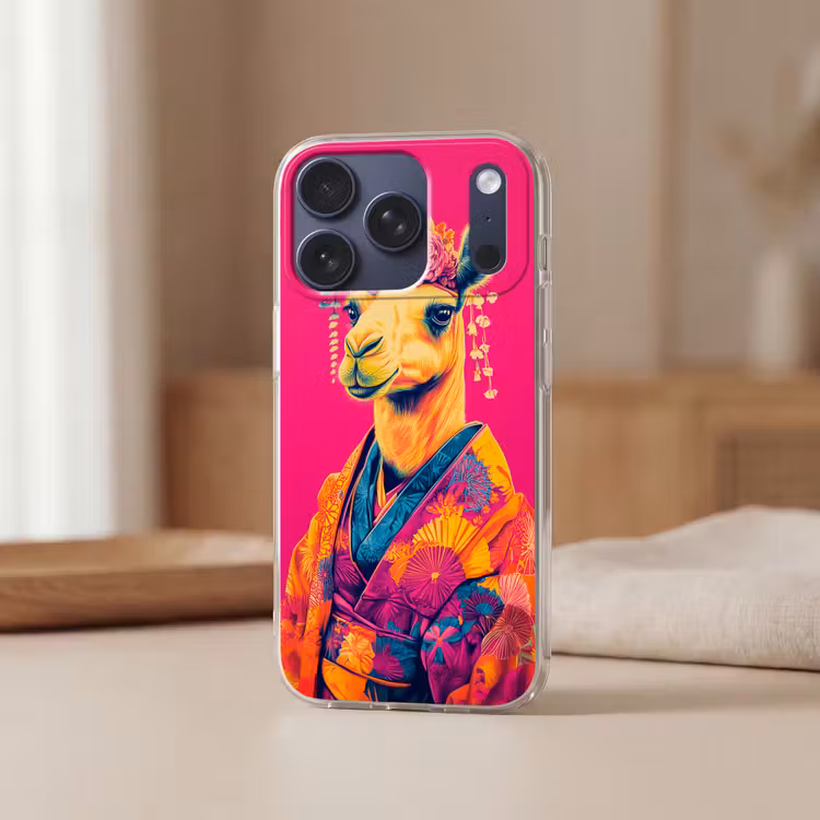 Kameel - Bloemen - Kimono - Waaiers Telefoonhoesje iPhone 17 Pro klein -sfeer2