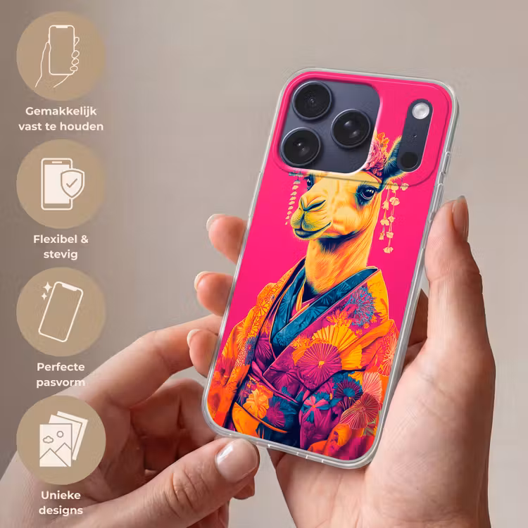 Kameel - Bloemen - Kimono - Waaiers Telefoonhoesje iPhone 17 Pro klein -sfeer3_NL