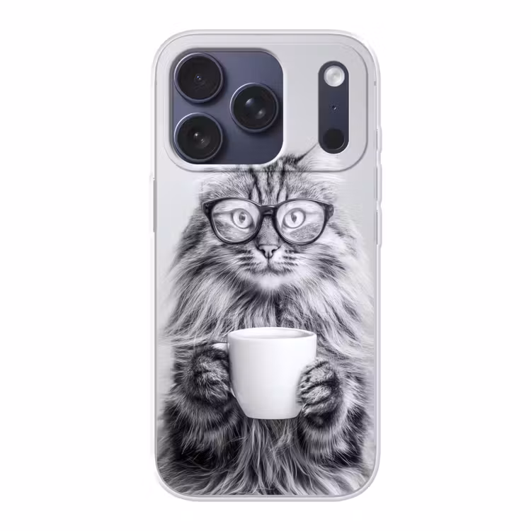Kat - Bril - Mok - Pluizig Telefoonhoesje iPhone 17 Pro klein -3d