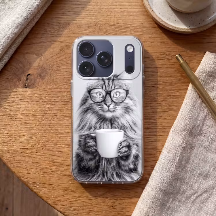 Kat - Bril - Mok - Pluizig Telefoonhoesje iPhone 17 Pro klein -sfeer1