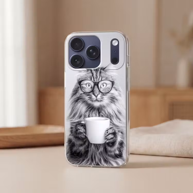 Kat - Bril - Mok - Pluizig Telefoonhoesje iPhone 17 Pro klein -sfeer2
