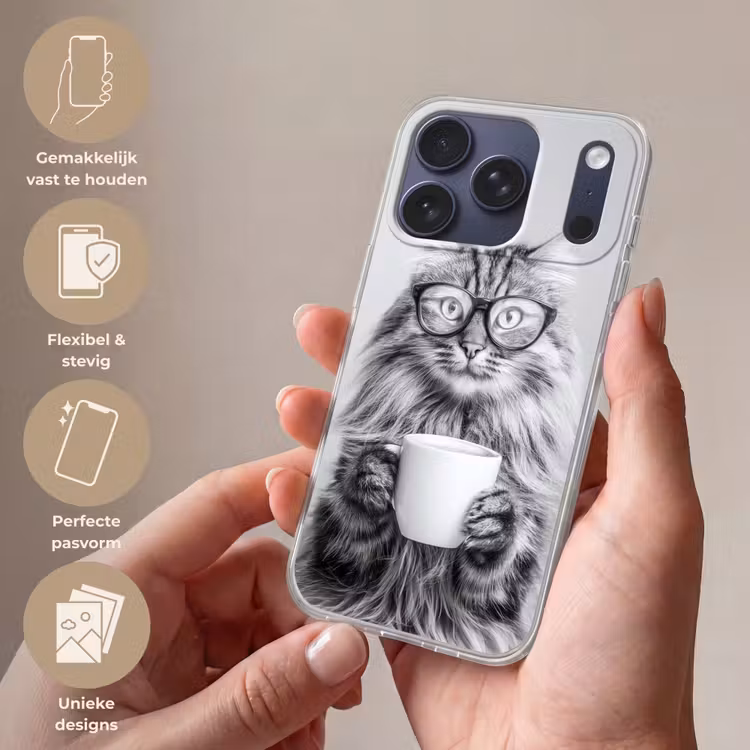 Kat - Bril - Mok - Pluizig Telefoonhoesje iPhone 17 Pro klein -sfeer3_NL
