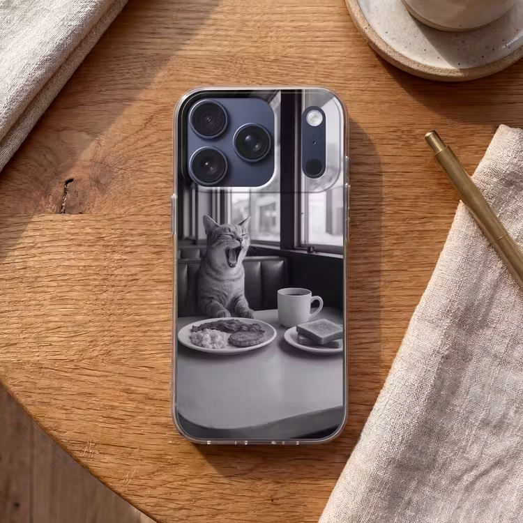 Kat - Koffie - Brood - Zwart Telefoonhoesje iPhone 17 Pro klein -sfeer1