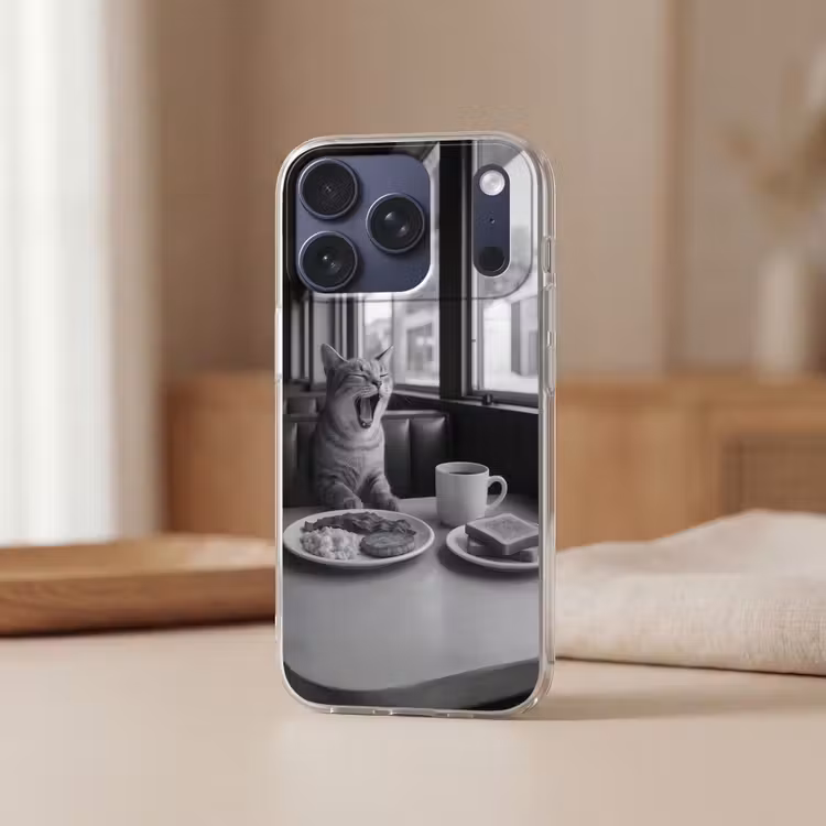 Kat - Koffie - Brood - Zwart Telefoonhoesje iPhone 17 Pro klein -sfeer2