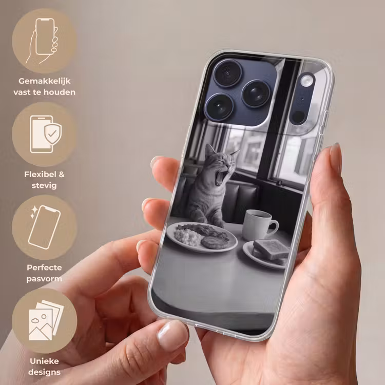 Kat - Koffie - Brood - Zwart Telefoonhoesje iPhone 17 Pro klein -sfeer3_NL