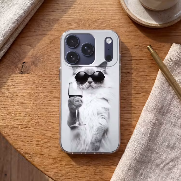 Kat - Zonnebril - Wijnglas - Langharig Telefoonhoesje iPhone 17 Pro klein -sfeer1