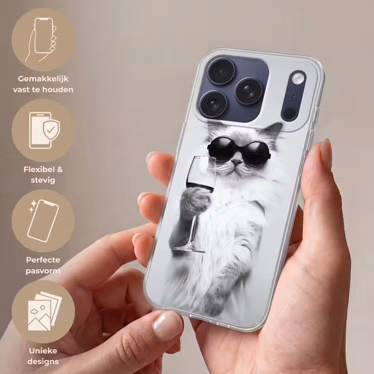 Kat - Zonnebril - Wijnglas - Langharig Telefoonhoesje iPhone 17 Pro klein -sfeer3_NL