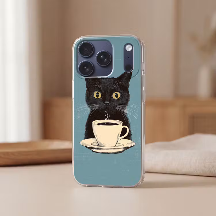 Kat - Zwart - Koffie - Minimalistisch Telefoonhoesje iPhone 17 Pro klein -sfeer2