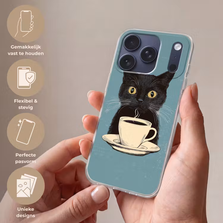 Kat - Zwart - Koffie - Minimalistisch Telefoonhoesje iPhone 17 Pro klein -sfeer3_NL