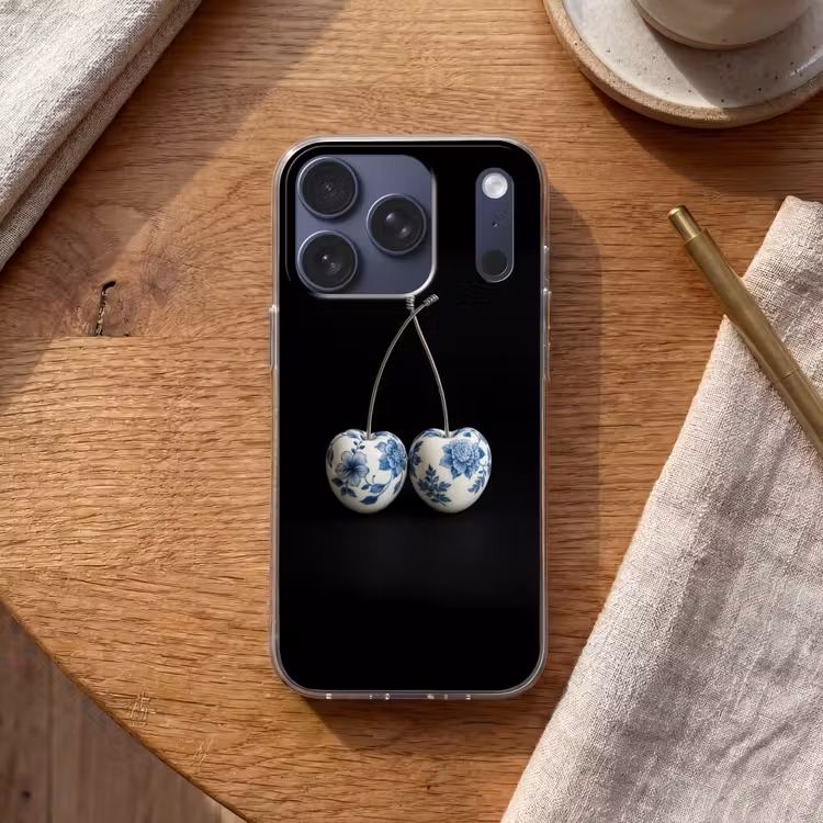 Kersen - Delfts blauw - Fruit Telefoonhoesje iPhone 17 Pro klein -sfeer1