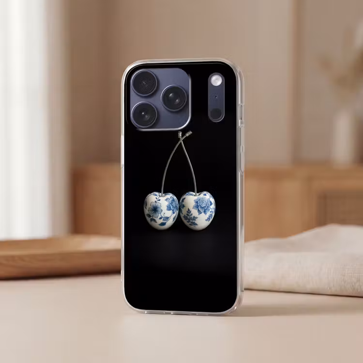 Kersen - Delfts blauw - Fruit Telefoonhoesje iPhone 17 Pro klein -sfeer2