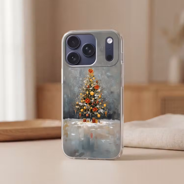 Kerstboom - Cadeaus - Rood - Goud Telefoonhoesje iPhone 17 Pro klein -sfeer2