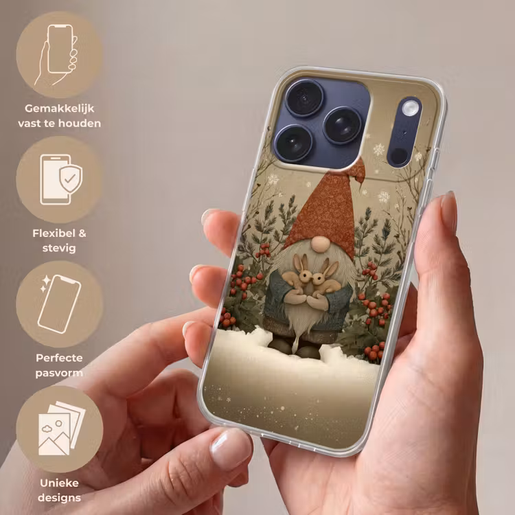 Kerstgnome - Konijntjes - Kleurrijk Telefoonhoesje iPhone 17 Pro klein -sfeer3_NL