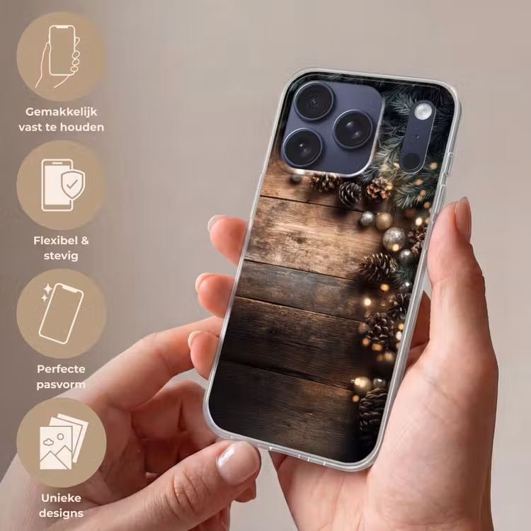 Kersthoekdecoratie - Dennenappels - Lichtjes Telefoonhoesje iPhone 17 Pro klein -sfeer3_NL