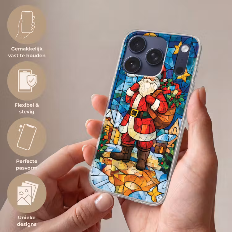 Kerstman - Glas - Kleurrijk Telefoonhoesje iPhone 17 Pro klein -sfeer3_NL