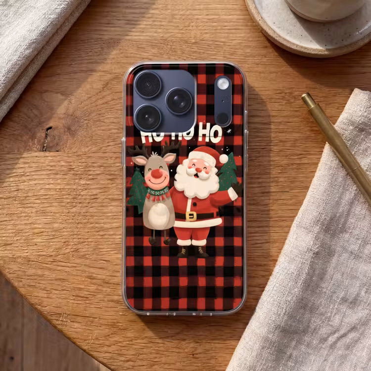 Kerstman - Rendier - Tekst - Rood - Zwart Telefoonhoesje iPhone 17 Pro klein -sfeer1
